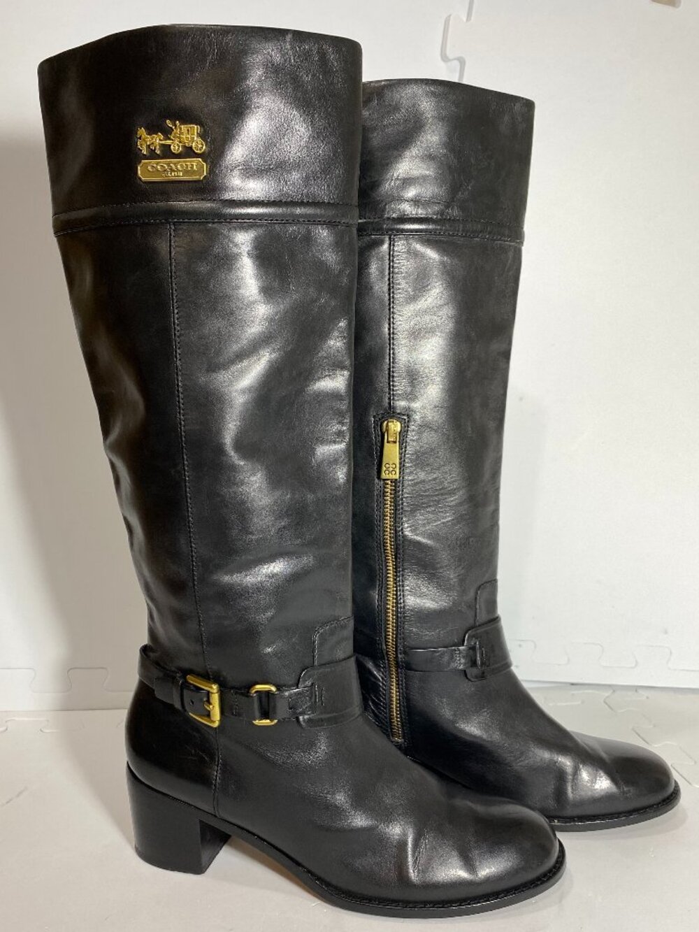 COACH Sapphire Black Leather Riding Boots Tall Knee High Gold Logo Sz 8B ($325)
